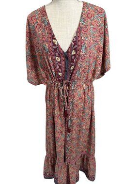 Chaudry Bohemian Floral Midi Dress With Tie Waist & Kimono Sleeves XL